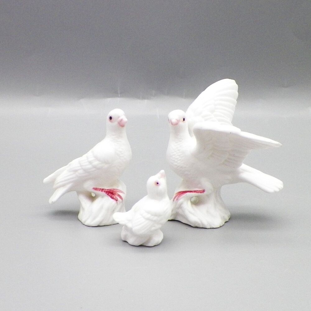 Vintage Miniature White Dove Pigeon Family Bone China Figurines 3 piece